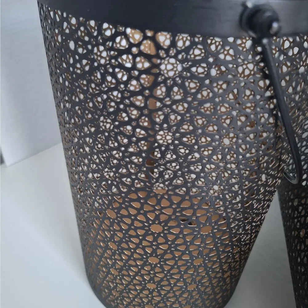 Vintage-Inspired Indian Black Metal Filigree Candle Lanterns Pair 10